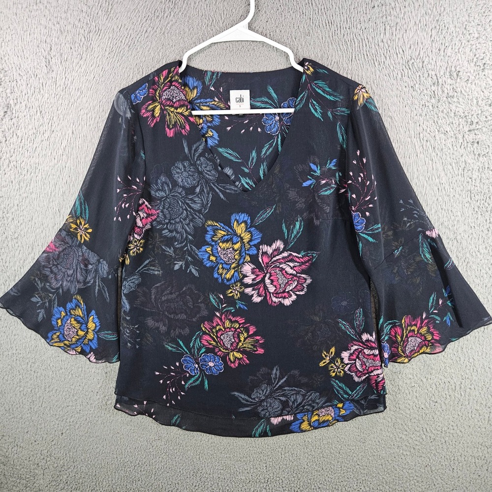 Cabi Floral Print V-Neck Blouse Bell Sleeve Chiffon Top Navy Womens Small